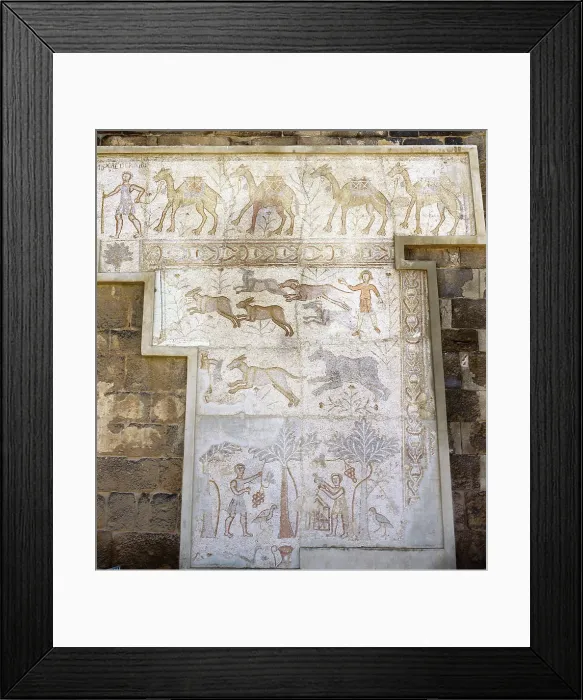Framed Print : Mosaic with camel caravan and hunting and agricultural works, Roman Theatre, Bosra, Syria, (2001). Creator: LTL Framed Print : Mosaic with camel caravan and hunting and agricultural works, Roman Theatre, Bosra, Syria, (2001). Creator: LTL