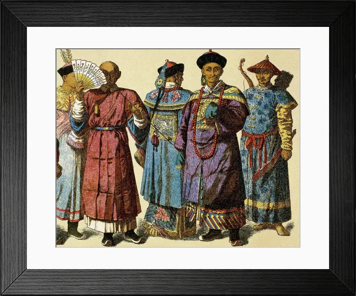Framed Print : Chinese mandarin wearing official dress and house attire next to Chinese archer, Modern Age. Creator: Unknown Framed Print : Chinese mandarin wearing official dress and house attire next to Chinese archer, Modern Age. Creator: Unknown