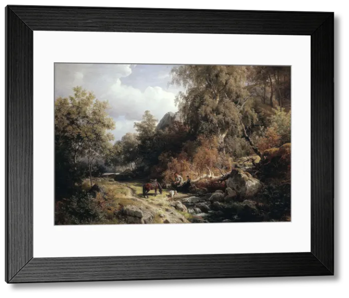 Framed Print : Rest at the Brook, 1860. Creator: Hans Gude Framed Print : Rest at the Brook, 1860. Creator: Hans Gude