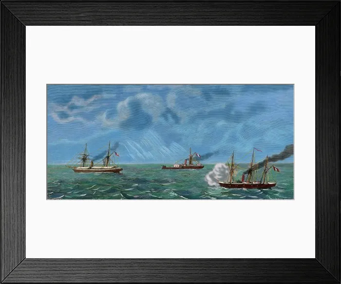 Framed Print : War of the Pacific (1879-1883); Chilean transporter Rimac by the Peruvian ironclad Huascar... 1879. Creator: Unknown Framed Print : War of the Pacific (1879-1883); Chilean transporter Rimac by the Peruvian ironclad Huascar... 1879. Creator: Unknown
