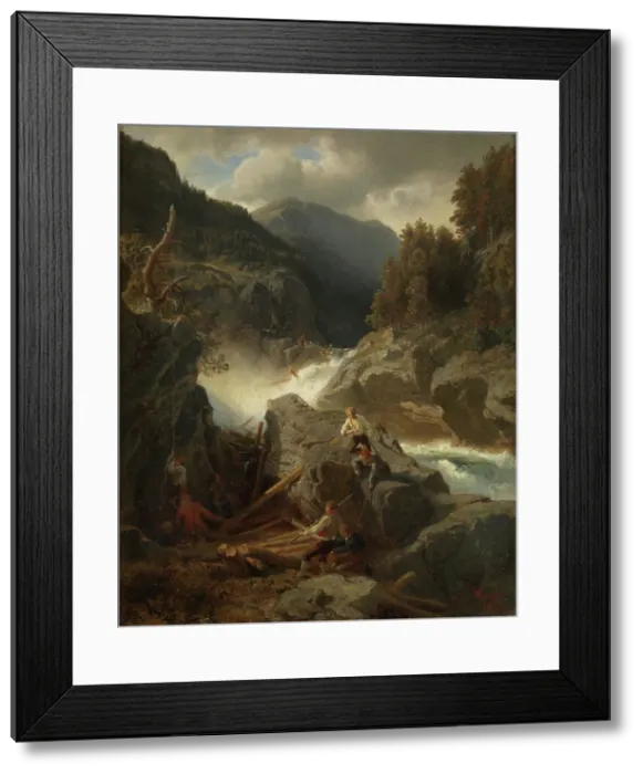Framed Print : Waterfall with Loggers, 1859. Creator: Hans Gude Framed Print : Waterfall with Loggers, 1859. Creator: Hans Gude