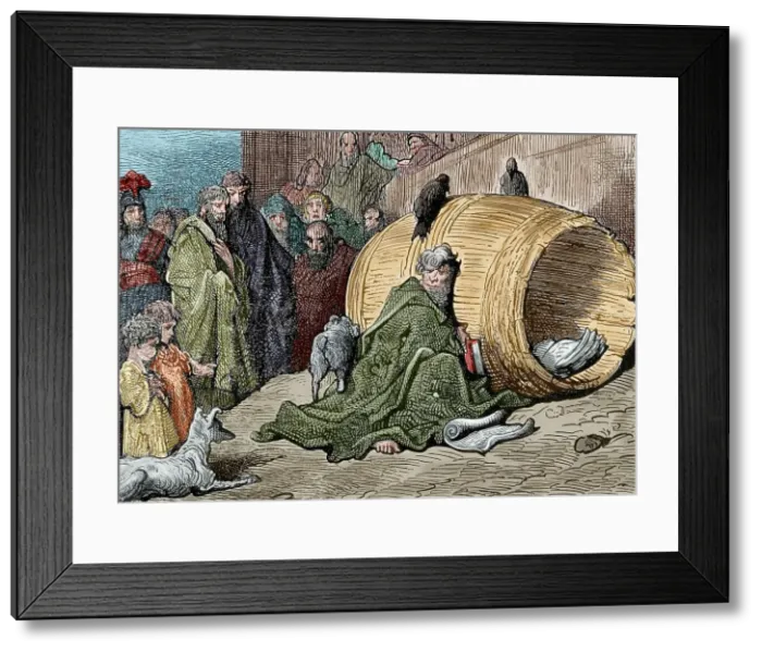 Framed Print : Diogenes (412-323 B.C.), Greek philosopher, sheltering in his barrel. Creator: Unknown Framed Print : Diogenes (412-323 B.C.), Greek philosopher, sheltering in his barrel. Creator: Unknown
