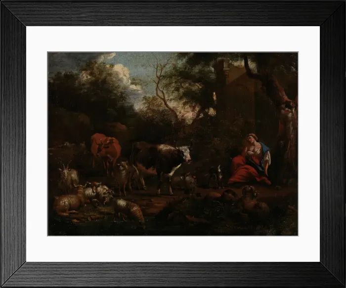 Framed Print : Mountain Landscape with Resting Woman, probably between 1710 and 1760. Creator: Jan van Gool Framed Print : Mountain Landscape with Resting Woman, probably between 1710 and 1760. Creator: Jan van Gool