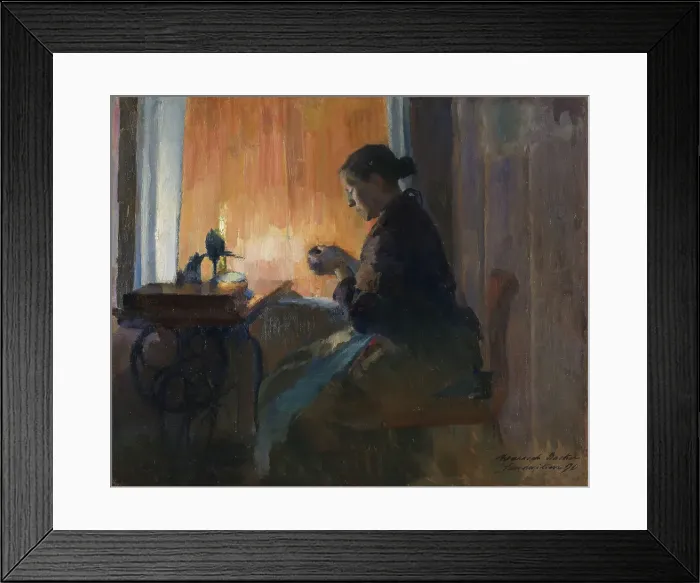 Framed Print : Woman Sewing by Lamplight, 1890. Creator: Harriet Backer Framed Print : Woman Sewing by Lamplight, 1890. Creator: Harriet Backer