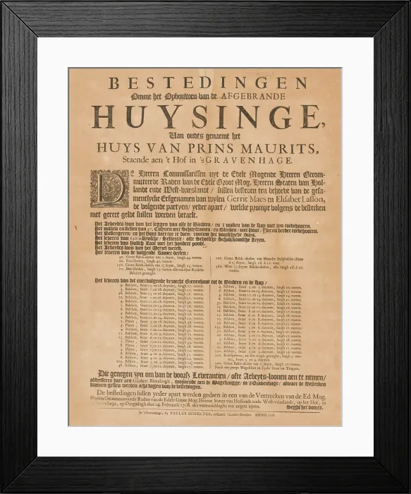 Framed Print : Poster Announcing a Call for Tenders for the Reconstruction of the Mauritshuis. Creator: Paulus Scheltus Framed Print : Poster Announcing a Call for Tenders for the Reconstruction of the Mauritshuis. Creator: Paulus Scheltus