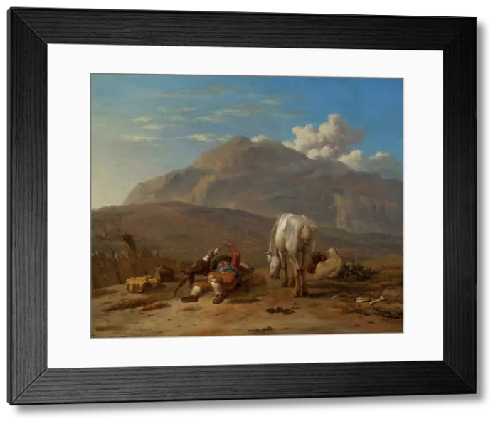 Framed Print : Italian Landscape with a Young Shepherd Playing with his Dog, c1647-1678. Creator: Karel Du Jardin
