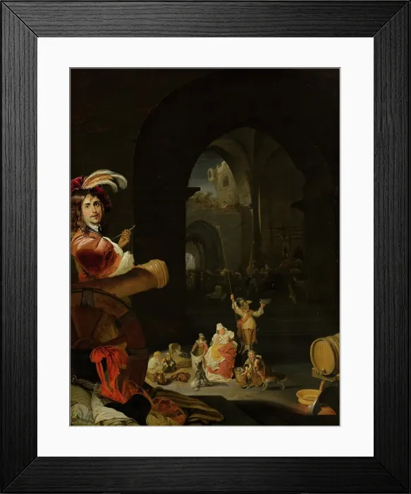 Framed Print : Soldiers and Other Figures among the Ruins of a Castle, with a Self-Portrait of the Artist... Creator: Karel Slabbaert Framed Print : Soldiers and Other Figures among the Ruins of a Castle, with a Self-Portrait of the Artist... Creator: Karel Slabbaert