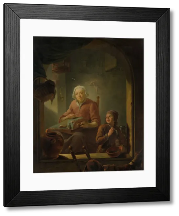 Framed Print : A Lacemaker, with a Boy Blowing Bubbles. Creator: Louis de Moni Framed Print : A Lacemaker, with a Boy Blowing Bubbles. Creator: Louis de Moni