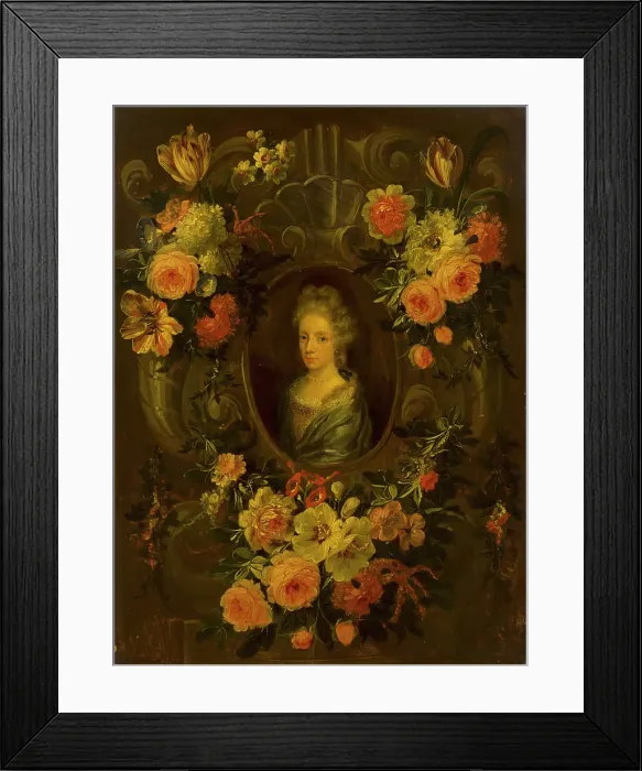 Framed Print : Portrait of a Lady Encircled by a Wreath of Flowers. Creator: Jean-Baptiste Morel