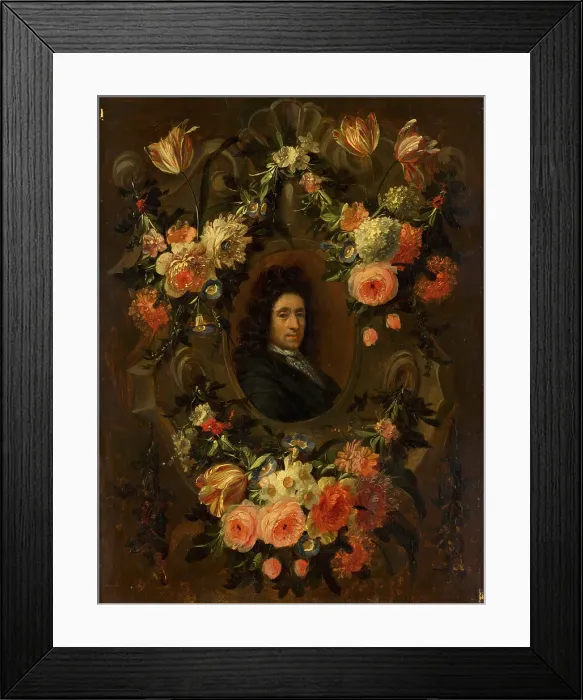 Framed Print : Portrait of a Man Encircled by a Wreath of Flowers. Creator: Jean-Baptiste Morel Framed Print : Portrait of a Man Encircled by a Wreath of Flowers. Creator: Jean-Baptiste Morel