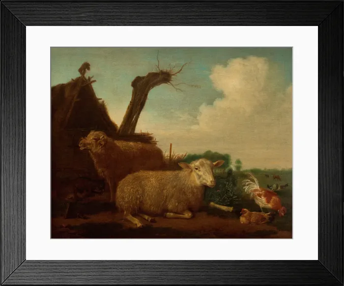 Framed Print : Dutch landscape with sheep, ram, goat, and poulty in front of a hut, 1658. Creator: Unknown Framed Print : Dutch landscape with sheep, ram, goat, and poulty in front of a hut, 1658. Creator: Unknown