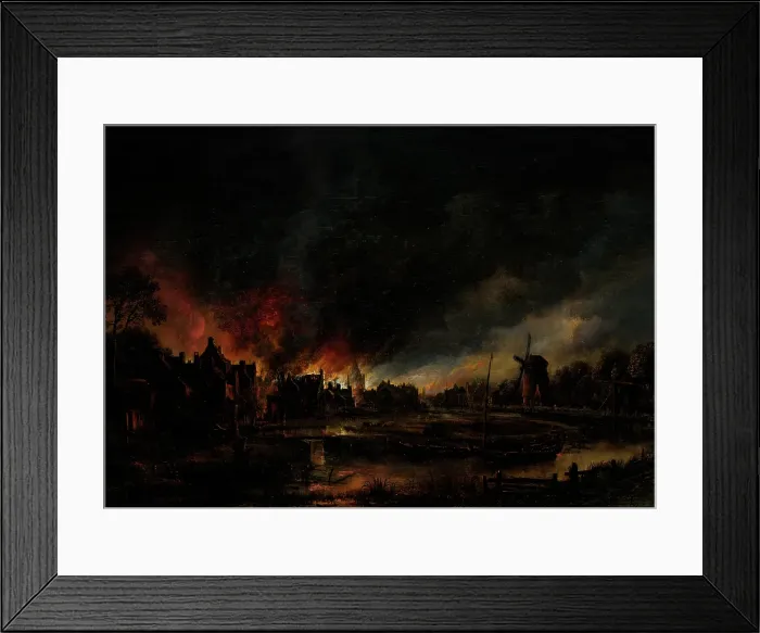 Framed Print : River Landscape with Burning Village, 1625-1650 or 1650-1675. Creator: Aert van der Neer Framed Print : River Landscape with Burning Village, 1625-1650 or 1650-1675. Creator: Aert van der Neer