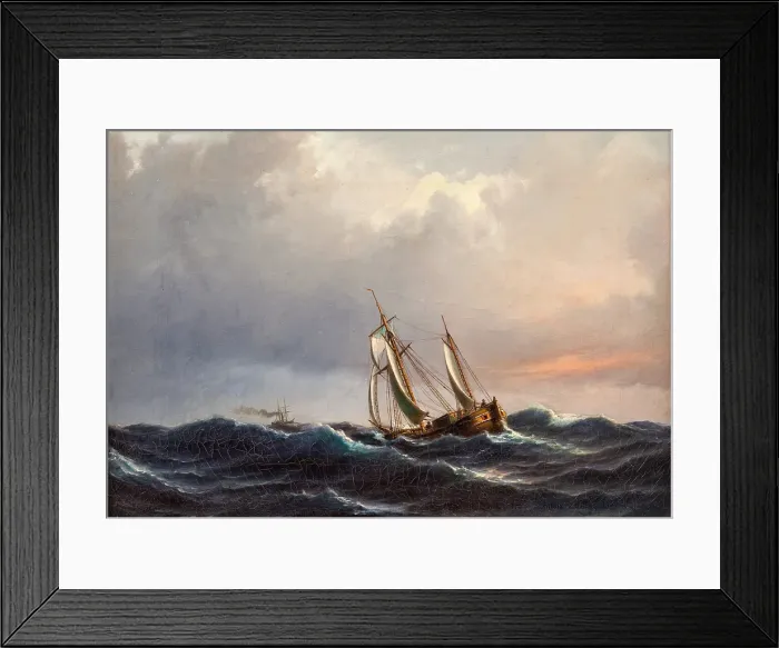 Framed Print : A ship in high seas at sunset, 1847. Creator: Anton Melbye Framed Print : A ship in high seas at sunset, 1847. Creator: Anton Melbye