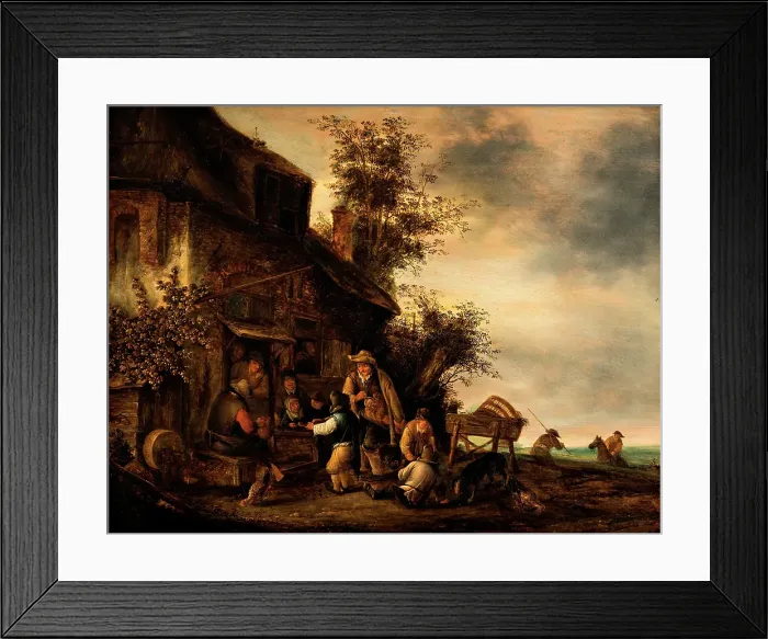 Framed Print : Scene with a hurdy-gurdy player and a boy violinist outside a tavern, 1675-1700. Creator: Gert van Hensen Framed Print : Scene with a hurdy-gurdy player and a boy violinist outside a tavern, 1675-1700. Creator: Gert van Hensen