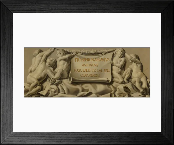 Framed Print : Putti Bearing a Cartouche with Stadholder Frederik Hendrik's Date of Birth. Creator: Salomon de Bray Framed Print : Putti Bearing a Cartouche with Stadholder Frederik Hendrik's Date of Birth. Creator: Salomon de Bray