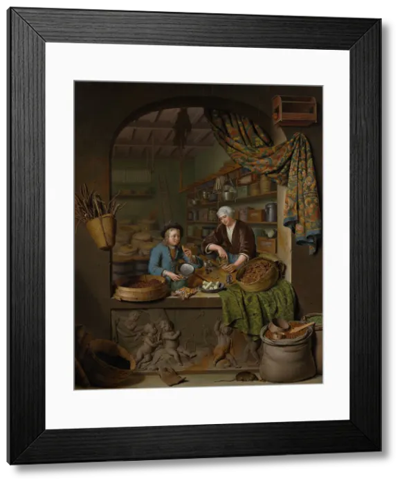 Framed Print : A Grocer's Shop, 1717. Creator: Willem van Mieris Framed Print : A Grocer's Shop, 1717. Creator: Willem van Mieris