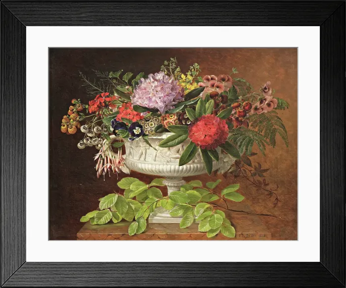 Framed Print : Flowers in a centrepiece on a marble windowsill with a beech branch, 1846. Creator: Johan Laurentz Jensen Framed Print : Flowers in a centrepiece on a marble windowsill with a beech branch, 1846. Creator: Johan Laurentz Jensen