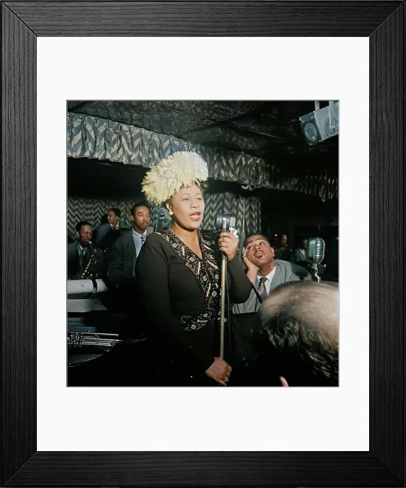 Framed Print : Portrait of Ella Fitzgerald, Dizzy Gillespie, Ray Brown, Milt Jackson... Downbeat, N.Y. 1947. Creator: William Paul Gottlieb Framed Print : Portrait of Ella Fitzgerald, Dizzy Gillespie, Ray Brown, Milt Jackson... Downbeat, N.Y. 1947. Creator: William Paul Gottlieb