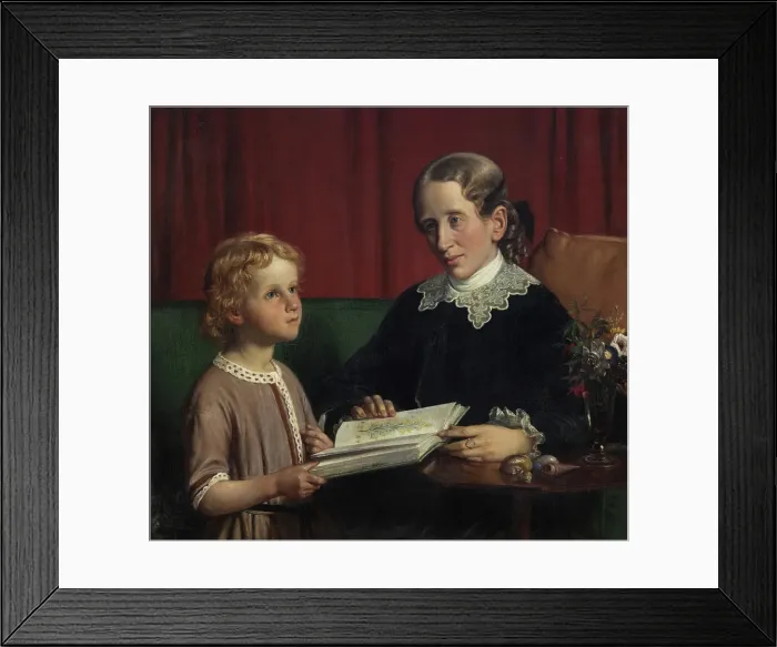 Framed Print : Miss Annette Hage (1814-1857) shows her nephew Hother Hage (1849-1904) a book on plants, 1856. Creator: Wilhelm Marstrand