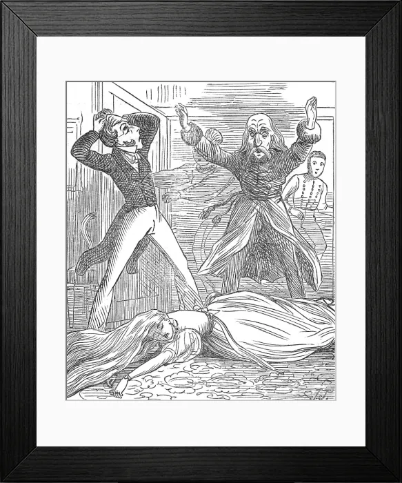 Framed Print : What is this? he exclaimed, horrorstruck. Mademoiselle has fainted, I gasped out, 1872. Creator: J. J Framed Print : What is this? he exclaimed, horrorstruck. Mademoiselle has fainted, I gasped out, 1872. Creator: J. J