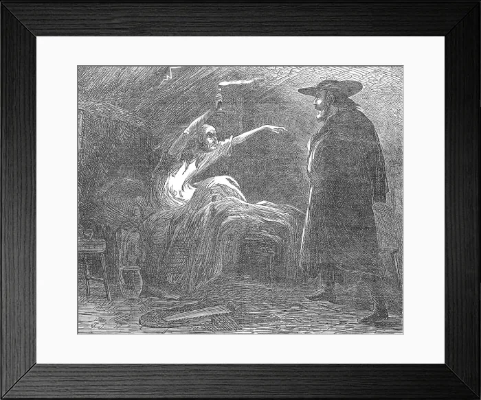 Framed Print : Like a galvanised corpse, she raised herself suddenly, and seizing the candle... 1872. Creator: J. J Framed Print : Like a galvanised corpse, she raised herself suddenly, and seizing the candle... 1872. Creator: J. J