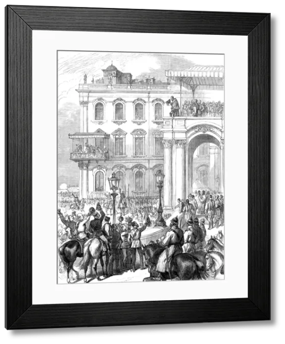 Framed Print : The Emperor of Russia bowing to the people from the Soltykoff Balcony of the Winter Palace, 1880. Creator: Unknown Framed Print : The Emperor of Russia bowing to the people from the Soltykoff Balcony of the Winter Palace, 1880. Creator: Unknown
