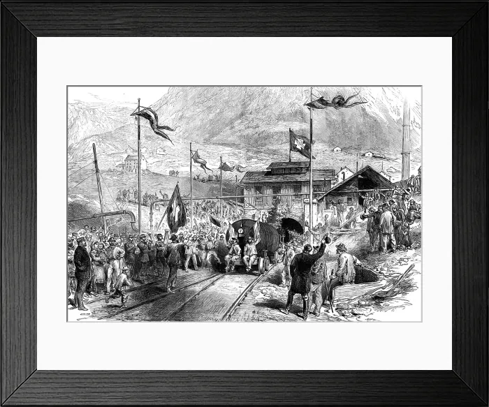 Framed Print : Completion of the St. Gothard Tunnel: arrival at Airolo of the first train…, 1880. Creator: Unknown Framed Print : Completion of the St. Gothard Tunnel: arrival at Airolo of the first train…, 1880. Creator: Unknown