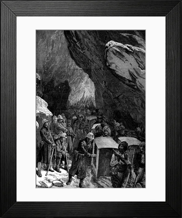 Framed Print : Sketches in Afghanistan: hospital dhoolies in the Jugdulluk Pass, 1880. Creator: Unknown Framed Print : Sketches in Afghanistan: hospital dhoolies in the Jugdulluk Pass, 1880. Creator: Unknown