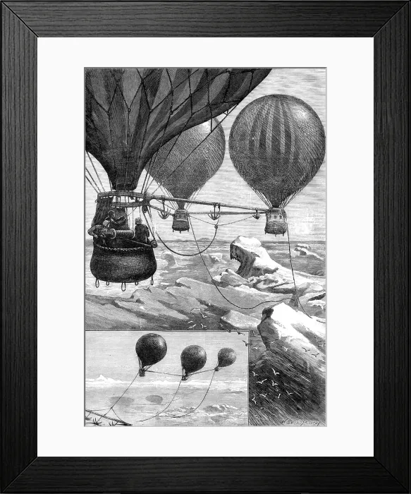 Framed Print : Proposed method of reaching the North Pole by balloons: balloons starting - balloons at anchor, 1880 Creator: Unknown Framed Print : Proposed method of reaching the North Pole by balloons: balloons starting - balloons at anchor, 1880 Creator: Unknown