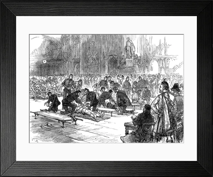 Framed Print : Drill of volunteer ambulance corps at Guildhall, 1880. Creator: Unknown Framed Print : Drill of volunteer ambulance corps at Guildhall, 1880. Creator: Unknown