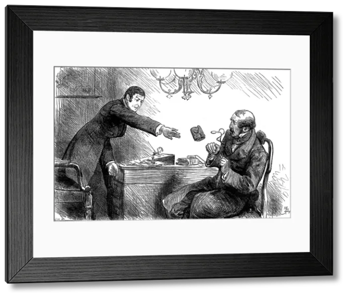 Framed Print : The usurer...chucked him scornfully an old pocket-book with a ten-pound note inside... 1880. Creator: Unknown Framed Print : The usurer...chucked him scornfully an old pocket-book with a ten-pound note inside... 1880. Creator: Unknown