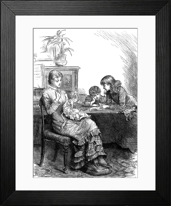 Framed Print : She had made her sisters pinafores when they were younger... 1880. Creator: Joseph Swain Framed Print : She had made her sisters pinafores when they were younger... 1880. Creator: Joseph Swain