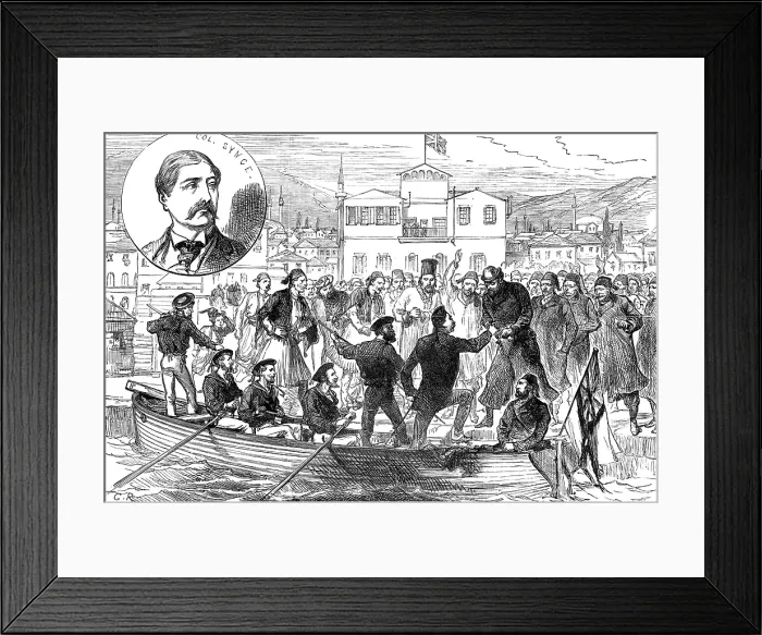 Framed Print : Arrival of Colonel Synge at Salonica after his release by the brigands, 1880. Creator: Unknown Framed Print : Arrival of Colonel Synge at Salonica after his release by the brigands, 1880. Creator: Unknown