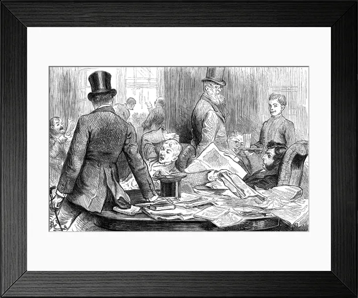 Framed Print : When he died..men at his club put down the paper which announced his decease with a yawn.. 1880. Creator: Unknown Framed Print : When he died..men at his club put down the paper which announced his decease with a yawn.. 1880. Creator: Unknown