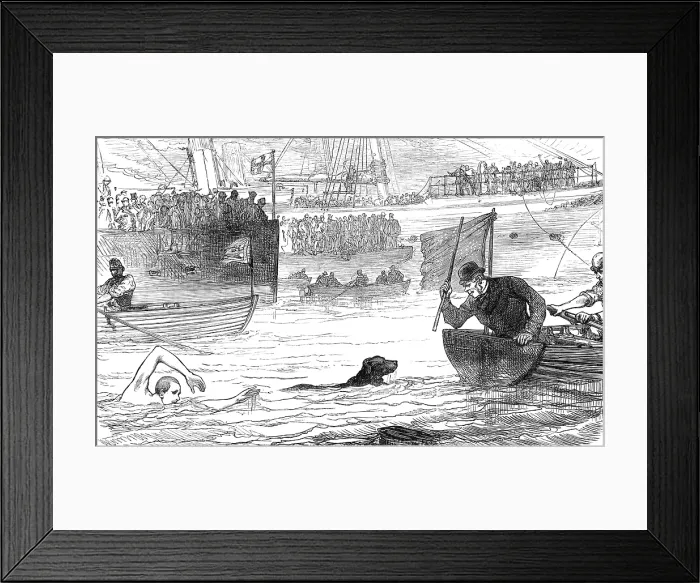 Framed Print : Swimming-match between a dog and a man, 1880. Creator: Unknown Framed Print : Swimming-match between a dog and a man, 1880. Creator: Unknown