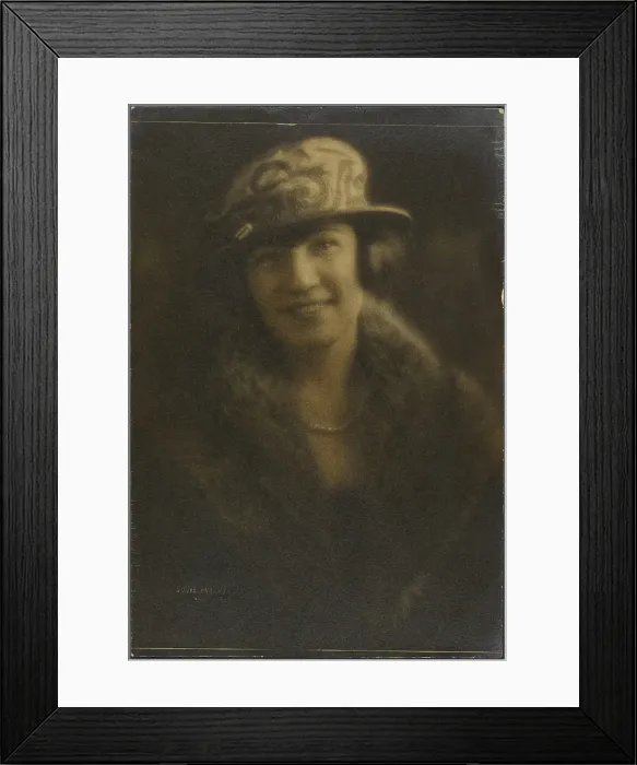 Framed Print : Portrait of a Woman in Hat with Decorate Motif, 1907-1924. Creator: Louis Fleckenstein Framed Print : Portrait of a Woman in Hat with Decorate Motif, 1907-1924. Creator: Louis Fleckenstein