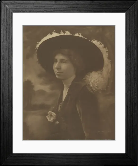 Framed Print : Portrait of a Woman Before Painted Scene, 1907-1924. Creator: Louis Fleckenstein