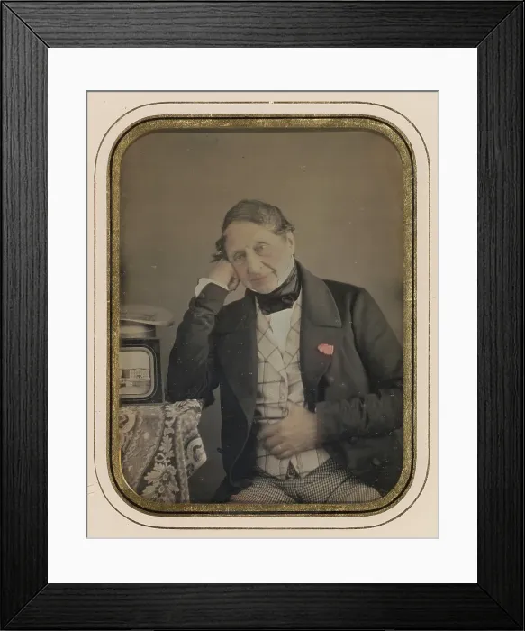 Framed Print : Self-portrait with a daguerreotype of Geneva, about 1847. Creator: Jean-Gabriel Eynard Framed Print : Self-portrait with a daguerreotype of Geneva, about 1847. Creator: Jean-Gabriel Eynard