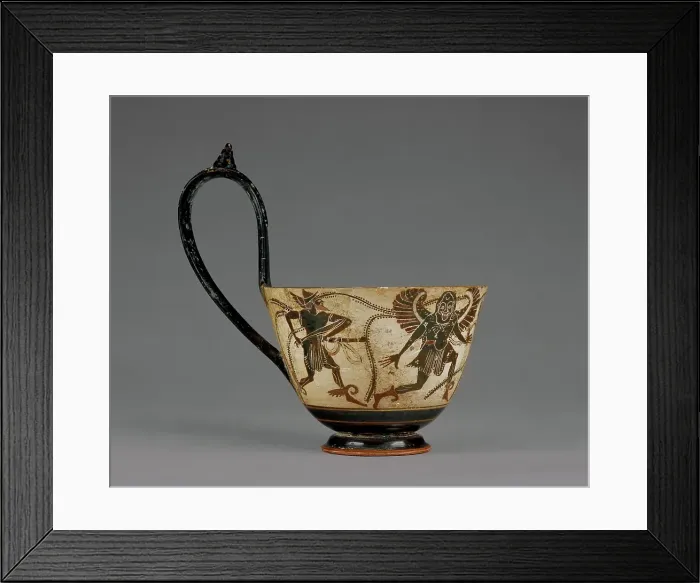 Framed Print : Attic Black-Figure Kyathos (Ladle) with Perseus chasing Gorgons, 510-500 BC. Creator: Theseus Painter Framed Print : Attic Black-Figure Kyathos (Ladle) with Perseus chasing Gorgons, 510-500 BC. Creator: Theseus Painter