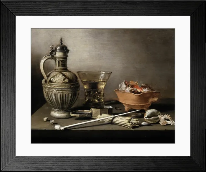Framed Print : Still Life with a Stoneware Jug, Berkemeyer, and Smoking Utensils, 1640. Creator: Pieter Claesz Framed Print : Still Life with a Stoneware Jug, Berkemeyer, and Smoking Utensils, 1640. Creator: Pieter Claesz