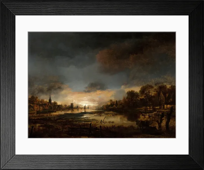 Framed Print : River Landscape at Sunset, c1630-1670. Creator: Aert van der Neer Framed Print : River Landscape at Sunset, c1630-1670. Creator: Aert van der Neer