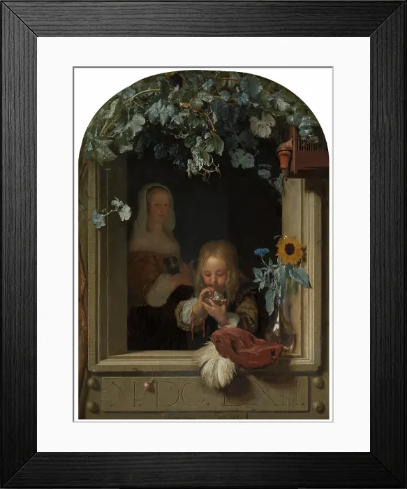 Framed Print : A Boy Blowing Bubbles, 1663. Creator: Frans van Mieris I Framed Print : A Boy Blowing Bubbles, 1663. Creator: Frans van Mieris I
