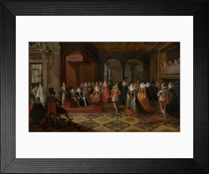 Framed Print : Ballroom Scene at a Court in Brussels. Creators: Frans Francken II, Paul Vredeman de Vries, Anon Framed Print : Ballroom Scene at a Court in Brussels. Creators: Frans Francken II, Paul Vredeman de Vries, Anon
