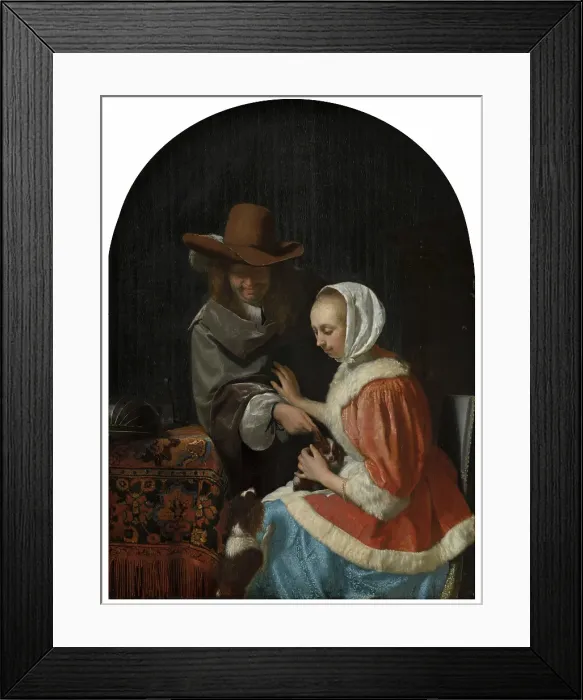 Framed Print : Man and Woman with Two Dogs, known as Teasing the Pet'. Creator: Frans van Mieris I Framed Print : Man and Woman with Two Dogs, known as Teasing the Pet'. Creator: Frans van Mieris I
