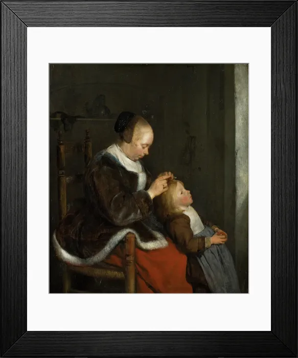 Framed Print : Mother Combing Her Child's Hair, known as Hunting for Lice'. Creator: Gerard Terborch II Framed Print : Mother Combing Her Child's Hair, known as Hunting for Lice'. Creator: Gerard Terborch II