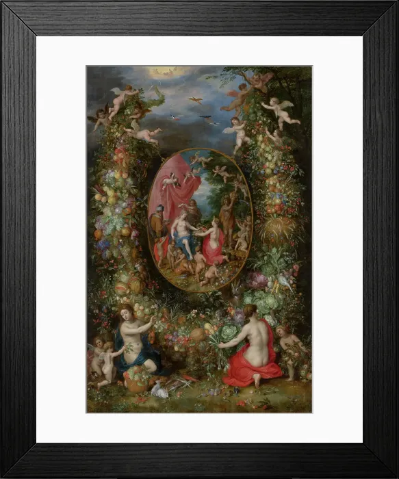 Framed Print : Garland of Fruit surrounding a Depiction of Cybele Receiving Gifts from Personifications...c1620-22. Creators: Jan Brueghel the Elder, Hendrick van Balen I Framed Print : Garland of Fruit surrounding a Depiction of Cybele Receiving Gifts from Personifications...c1620-22. Creators: Jan Brueghel the Elder, Hendrick van Balen I