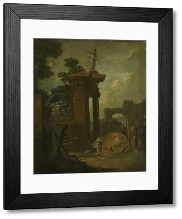 Framed Print : Landscape with Architecture and a Waterfall, 18th century. Creator: Carl Wilhelm Bohme