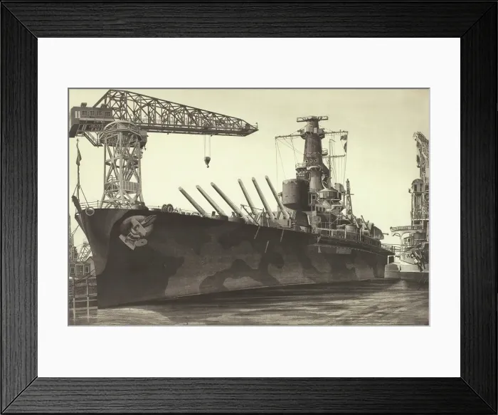 Framed Print : Battle Wagon - USS Alabama Outfitting at Norfolk Navy Yard Crane Ship Kearsarge Alongside, 1943. Creator: John Taylor Arms Framed Print : Battle Wagon - USS Alabama Outfitting at Norfolk Navy Yard Crane Ship Kearsarge Alongside, 1943. Creator: John Taylor Arms