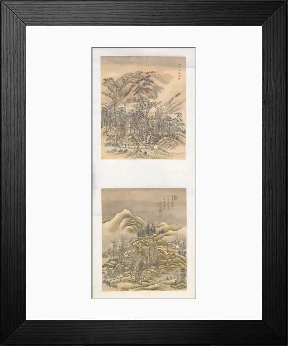 Framed Print : Two landscape album leaves on single mount, 1817. Creator: Xue Hui Framed Print : Two landscape album leaves on single mount, 1817. Creator: Xue Hui