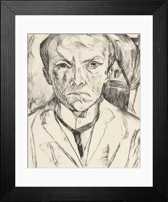 Framed Print : Frontal Self-Portrait with House Gable in Background (Selbstbildnis von vorn, im Hintergrund...1918 Creator: Max Beckmann) Framed Print : Frontal Self-Portrait with House Gable in Background (Selbstbildnis von vorn, im Hintergrund...1918 Creator: Max Beckmann)